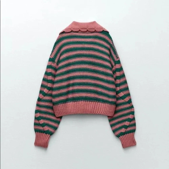 Zara Blogger Fave Striped Textured Knit Peter Pan Collared Sweater Pink & Teal M - Picture 4 of 10